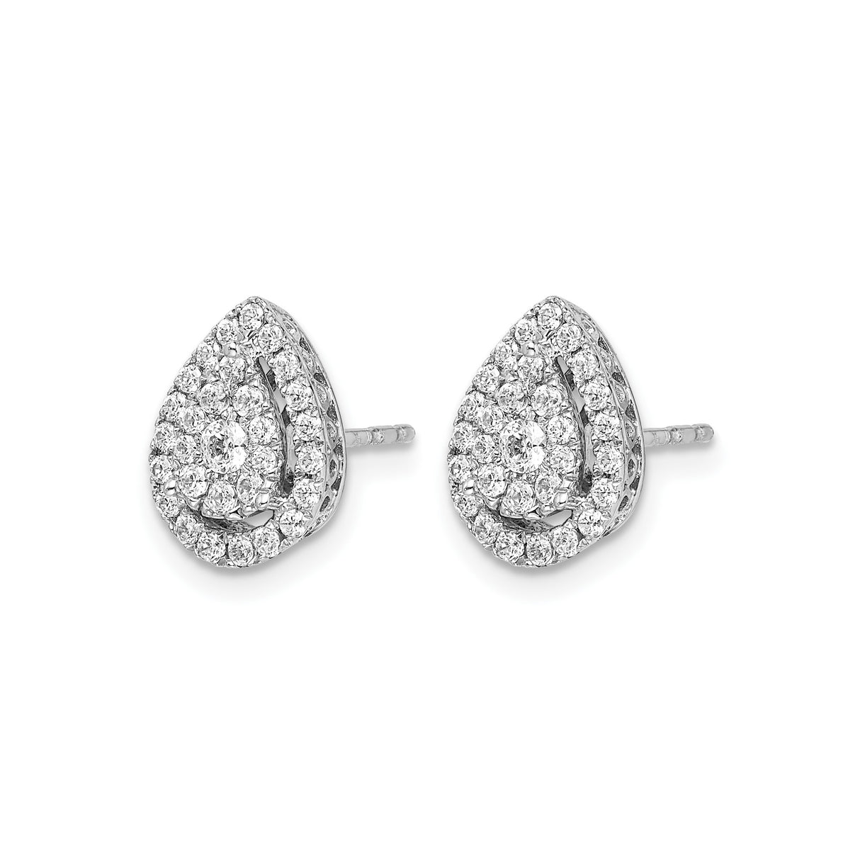 14k White Gold Teardrop Stud Earrings with Double Halo, Round Cut Diamond Cluster Design