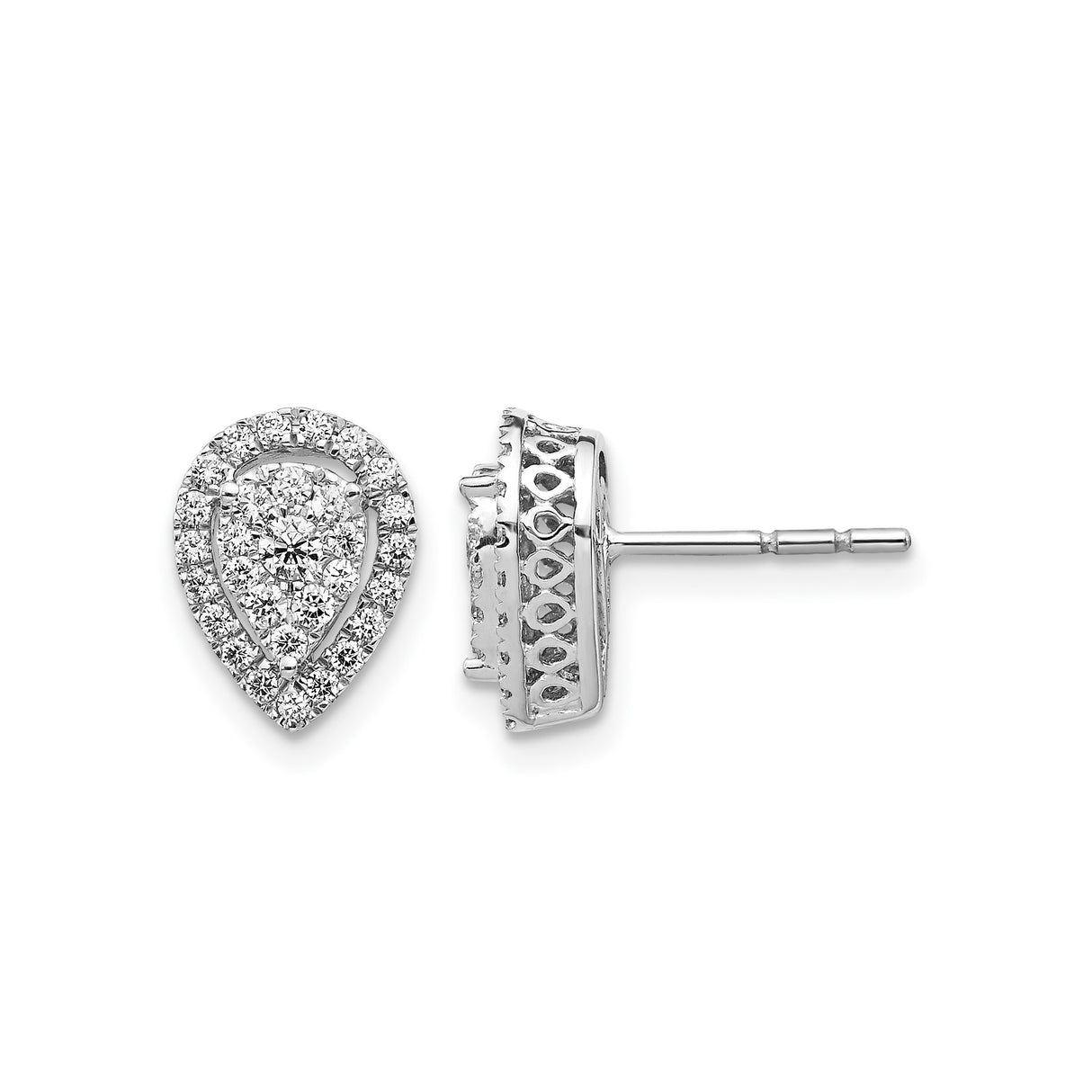 14k White Gold Teardrop Stud Earrings with Double Halo, Round Cut Diamond Cluster Design