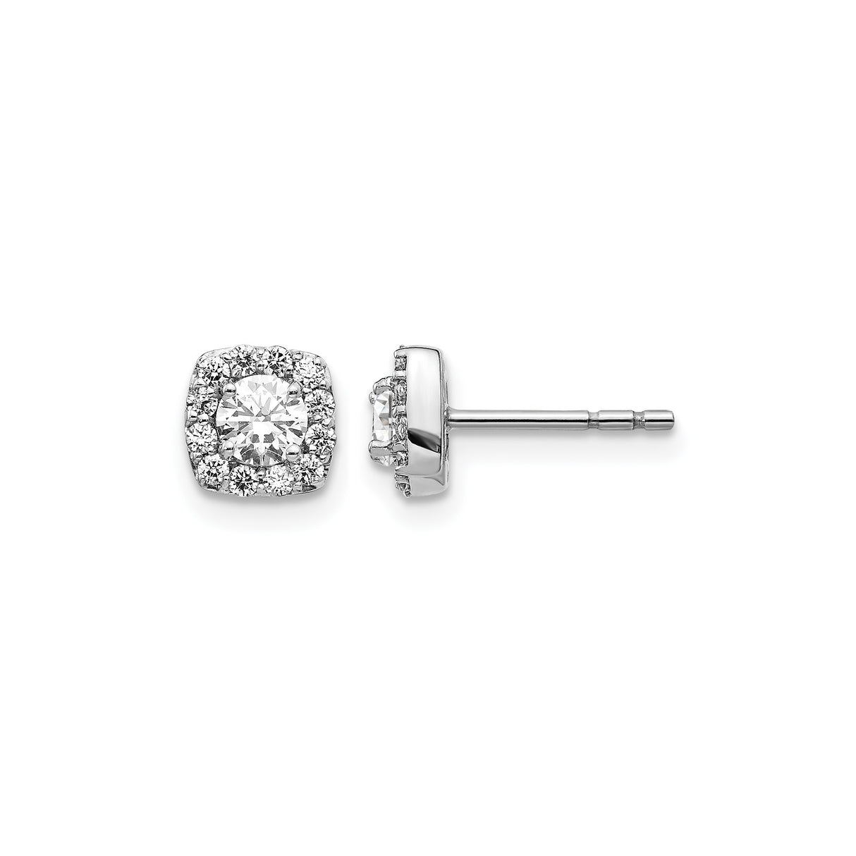 14k White Gold Diamond Halo Stud Earrings with Round Center and Cushion Halo