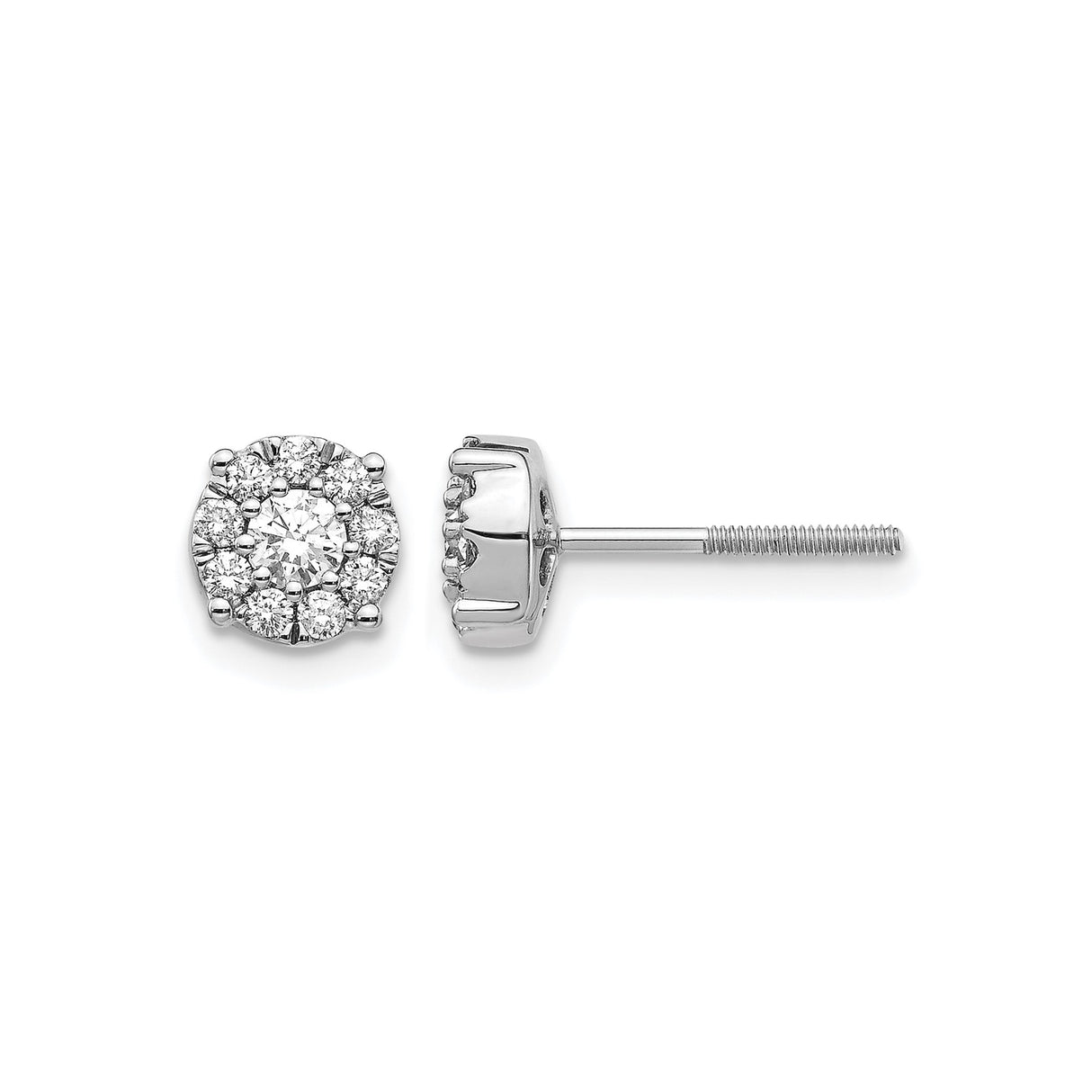 14k White Gold Diamond Stud Earrings with Round Cluster and Halo Design