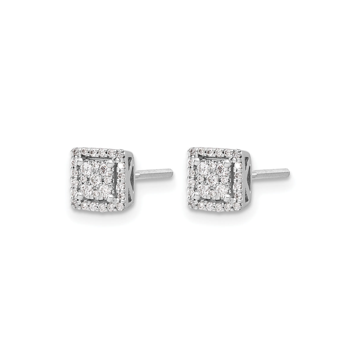 10k White Gold Diamond Stud Earrings, Square Double Halo Cluster Design