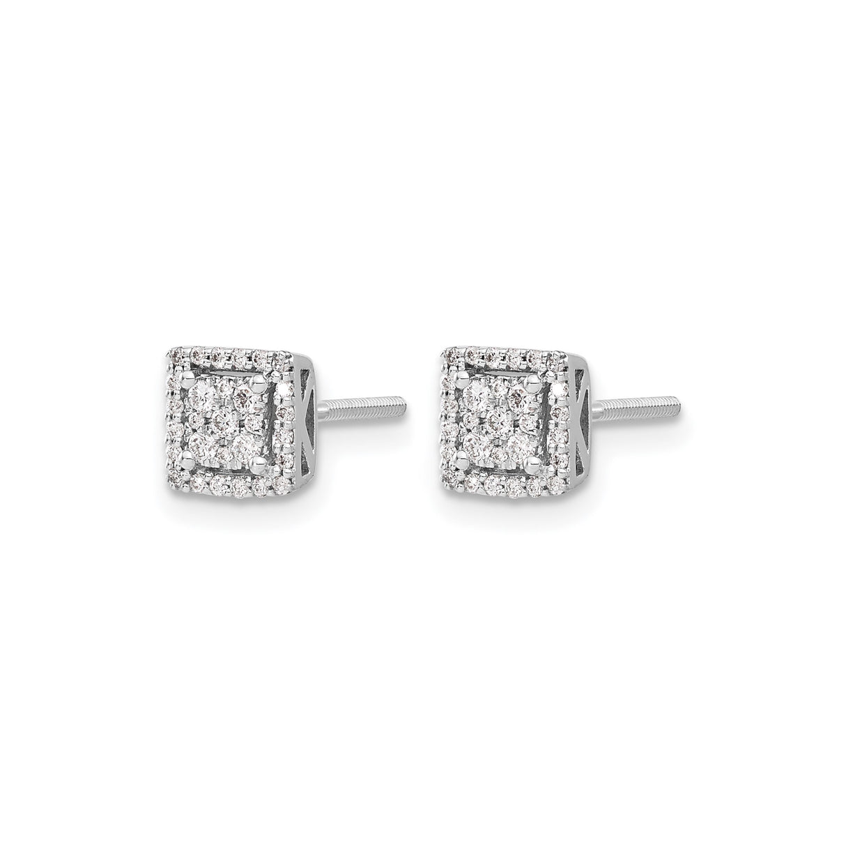 14k White Gold Diamond Stud Earrings with Square Halo and Pavé Setting