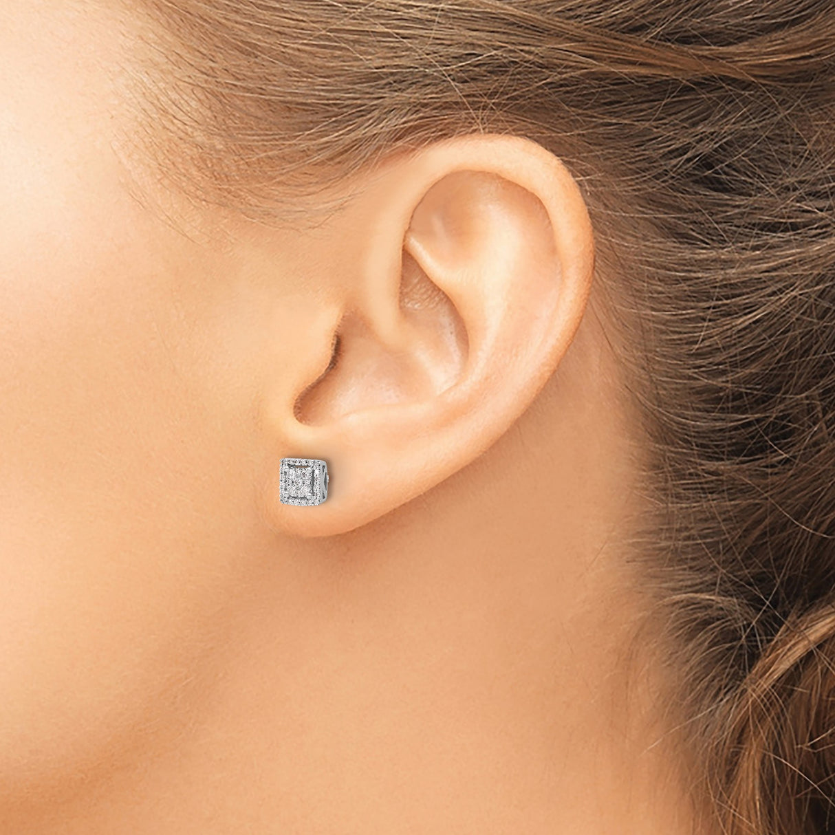 14k White Gold Diamond Stud Earrings with Square Halo and Pavé Setting