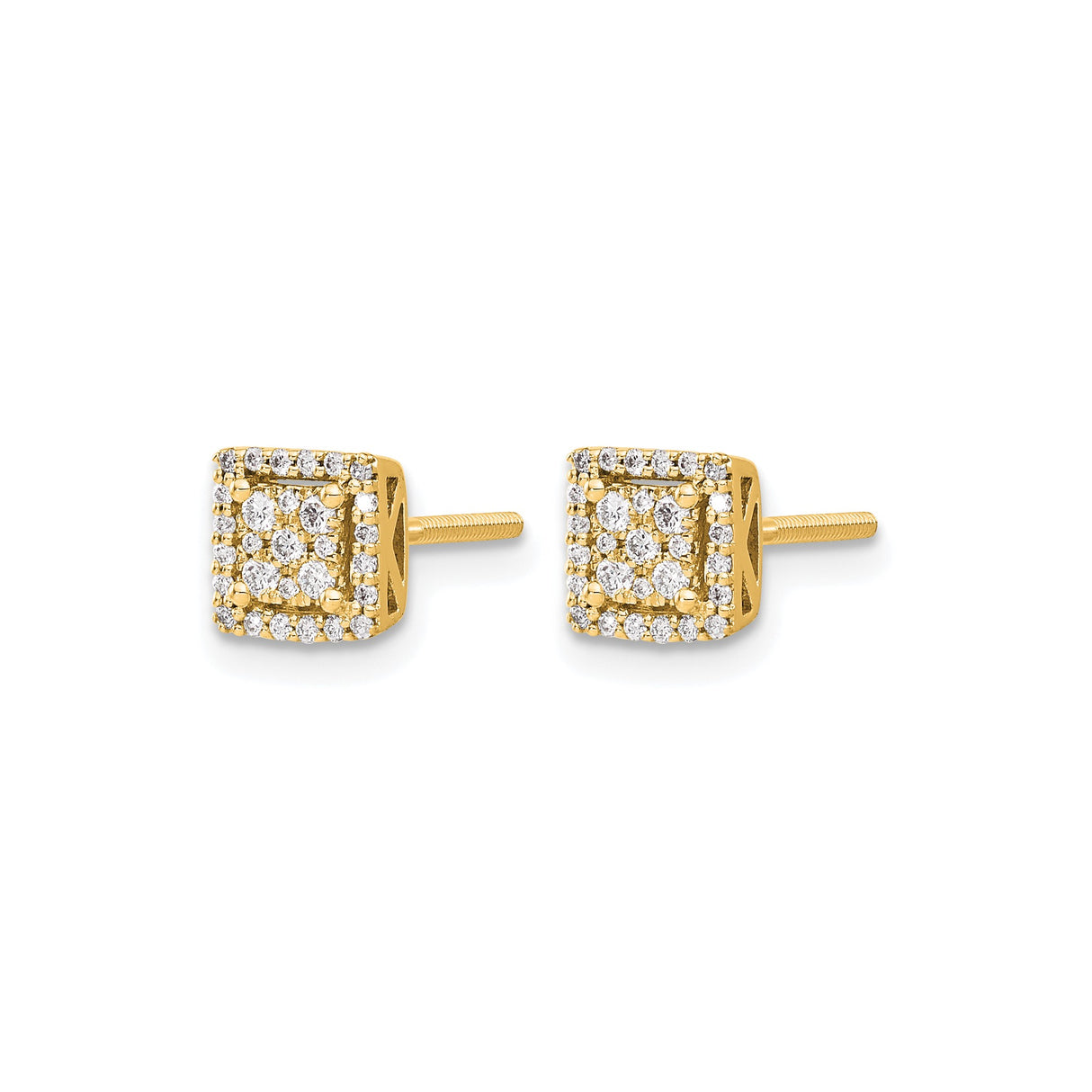 14k Yellow Gold Square Halo Diamond Stud Earrings with Double Halo Setting, Screw Back