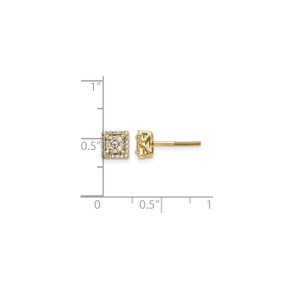 14k Yellow Gold Square Halo Diamond Stud Earrings with Double Halo Setting, Screw Back