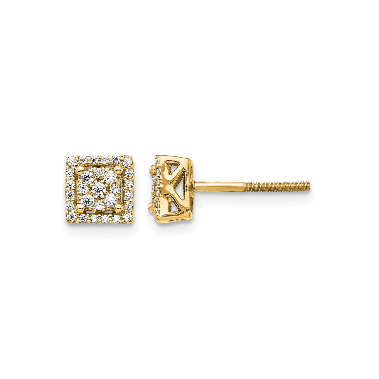14k Yellow Gold Square Halo Diamond Stud Earrings with Double Halo Setting, Screw Back