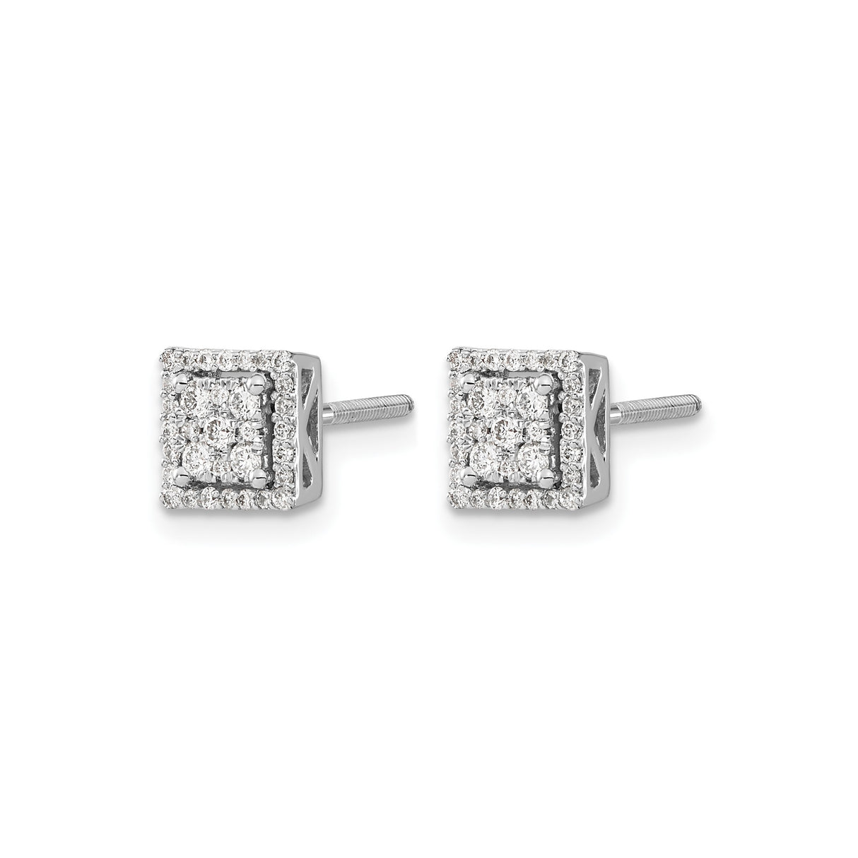 14k White Gold Diamond Square Stud Earrings with Halo Cluster Design