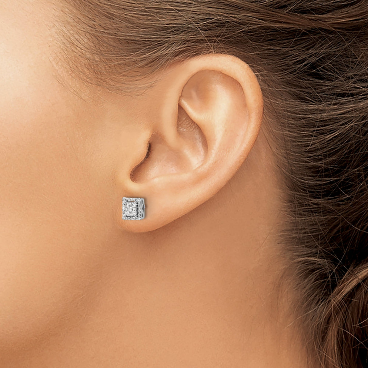 14k White Gold Diamond Square Stud Earrings with Halo Cluster Design