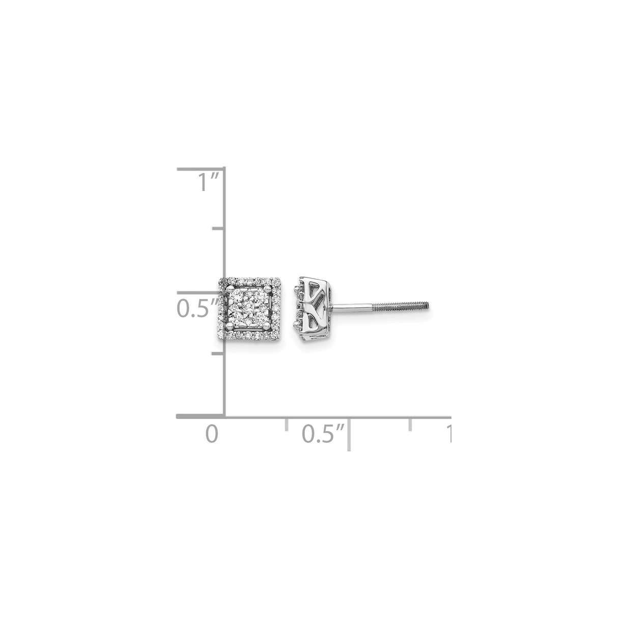 14k White Gold Diamond Square Stud Earrings with Halo Cluster Design