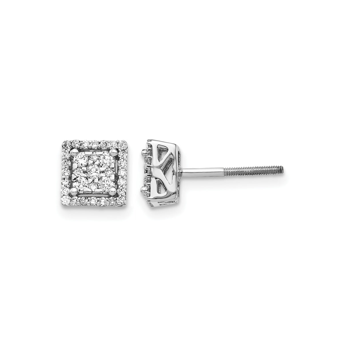 14k White Gold Diamond Square Stud Earrings with Halo Cluster Design