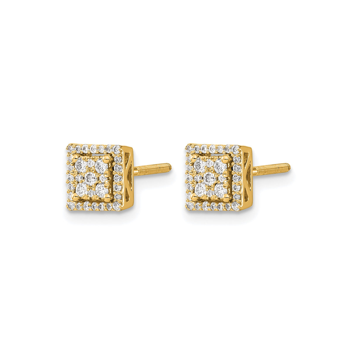 14k Yellow Gold Diamond Stud Earrings with Square Halo Design, Screw Backs, Modern Style