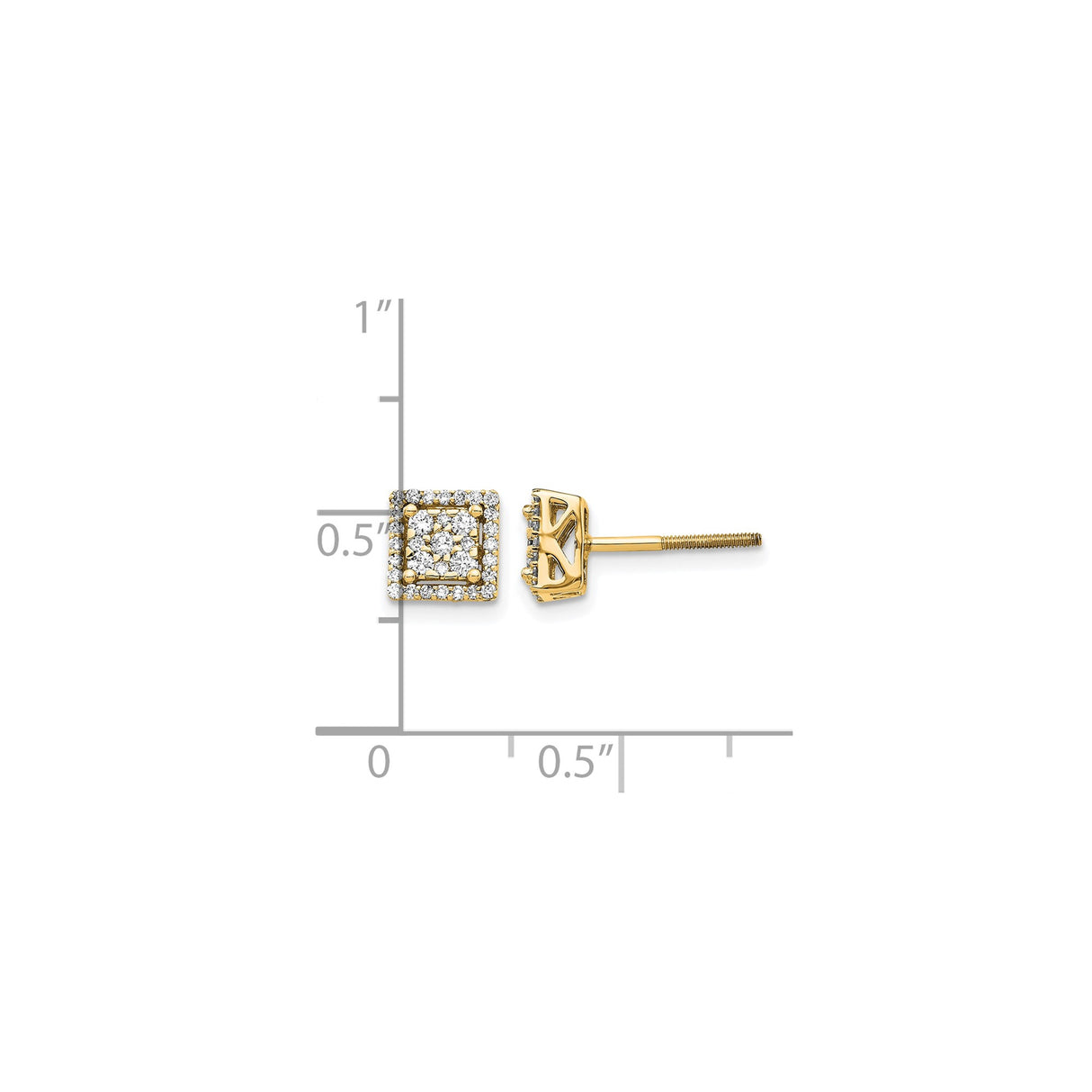 14k Yellow Gold Diamond Stud Earrings with Square Halo Design, Screw Backs, Modern Style