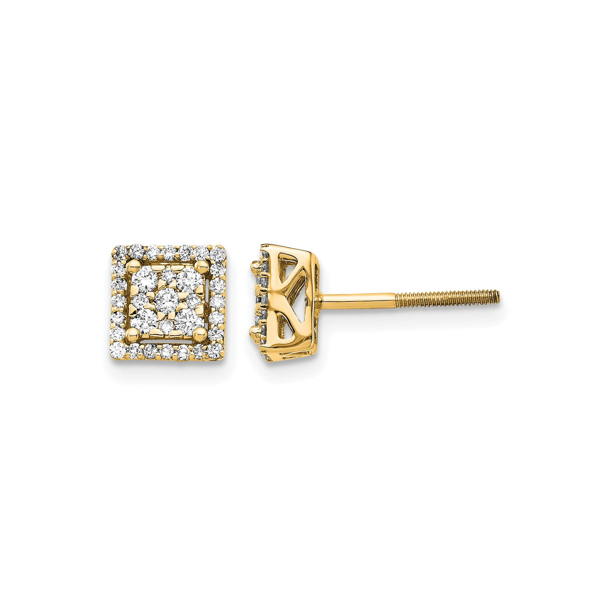 14k Yellow Gold Diamond Stud Earrings with Square Halo Design, Screw Backs, Modern Style