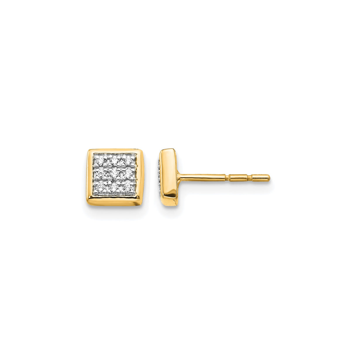 14k Yellow Gold Diamond Stud Earrings, Square Design with Round Cut Cluster Pavé, Unisex Modern Style