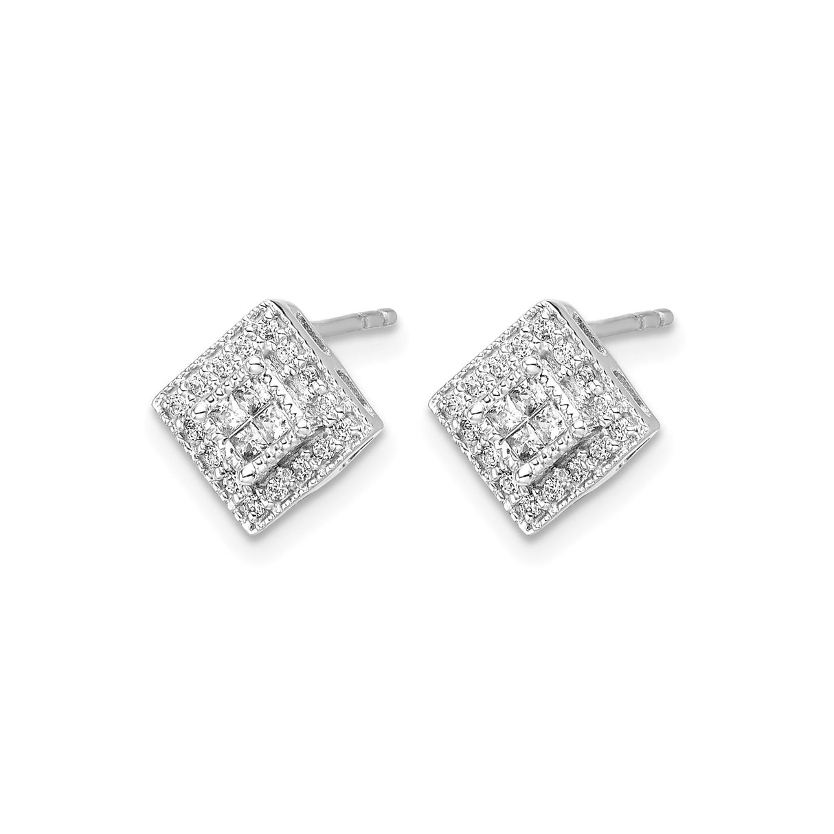 10k White Gold Diamond Stud Earrings, Square Cluster with Double Halo Design