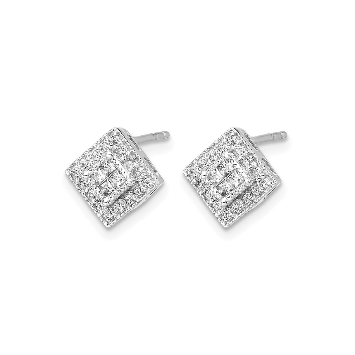 14k White Gold Diamond Stud Earrings with Double Halo, Square Geometric Design