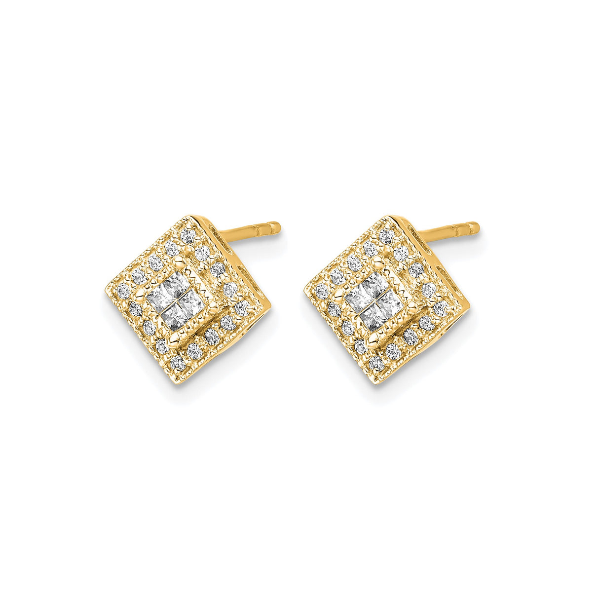 14k Yellow Gold Diamond Stud Earrings with Square Halo Cluster Design, Modern Geometric Style