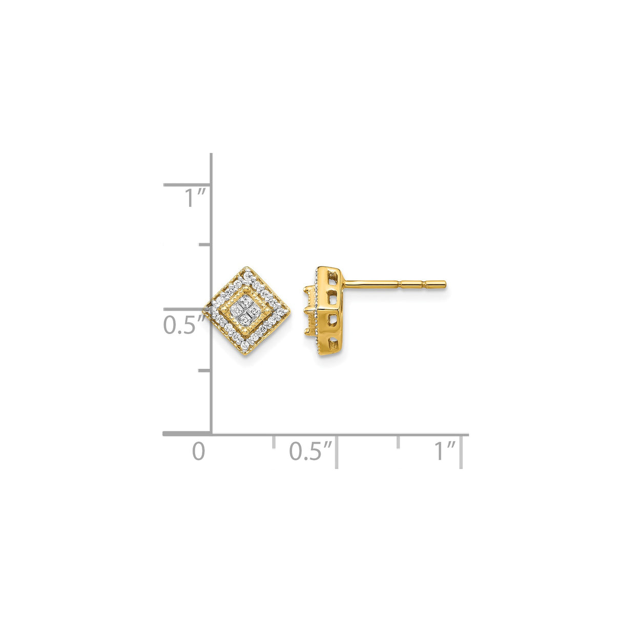 14k Yellow Gold Diamond Stud Earrings with Square Halo Cluster Design, Modern Geometric Style