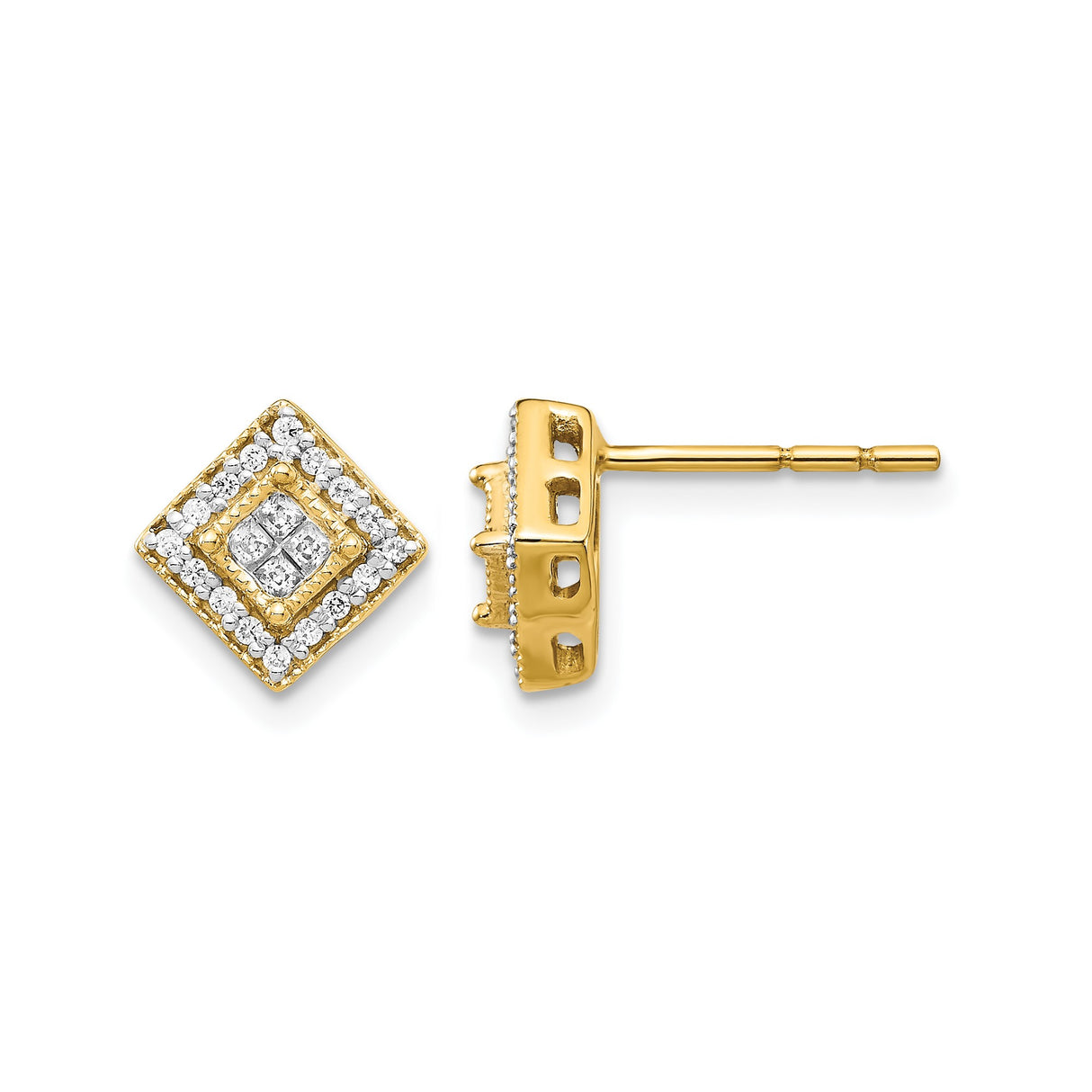 14k Yellow Gold Diamond Stud Earrings with Square Halo Cluster Design, Modern Geometric Style