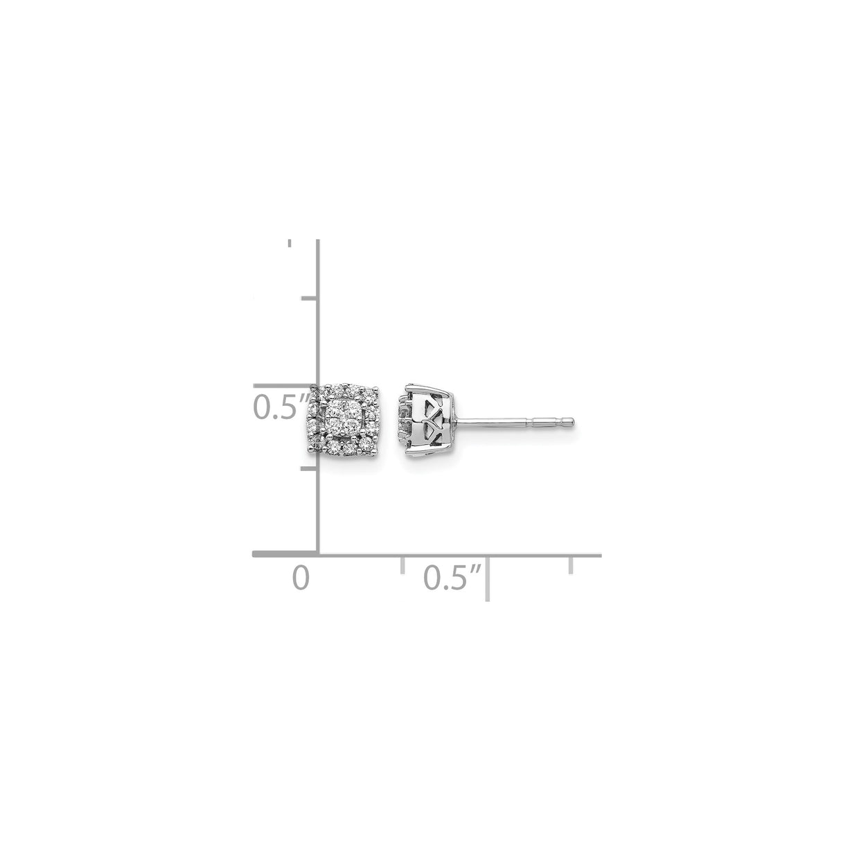 14k White Gold Diamond Stud Earrings, Cushion Cluster Design, Round Cut Diamonds