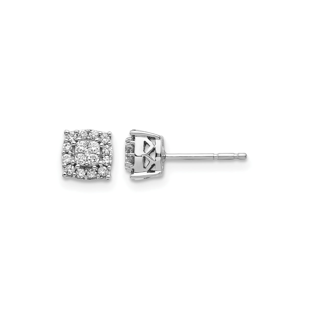 14k White Gold Diamond Stud Earrings, Cushion Cluster Design, Round Cut Diamonds