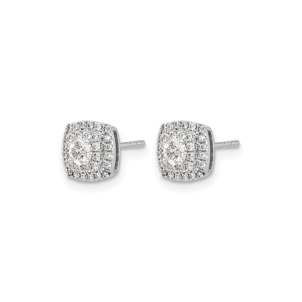 10k White Gold Diamond Halo Stud Earrings with Round Center and Cushion Double Halo Design