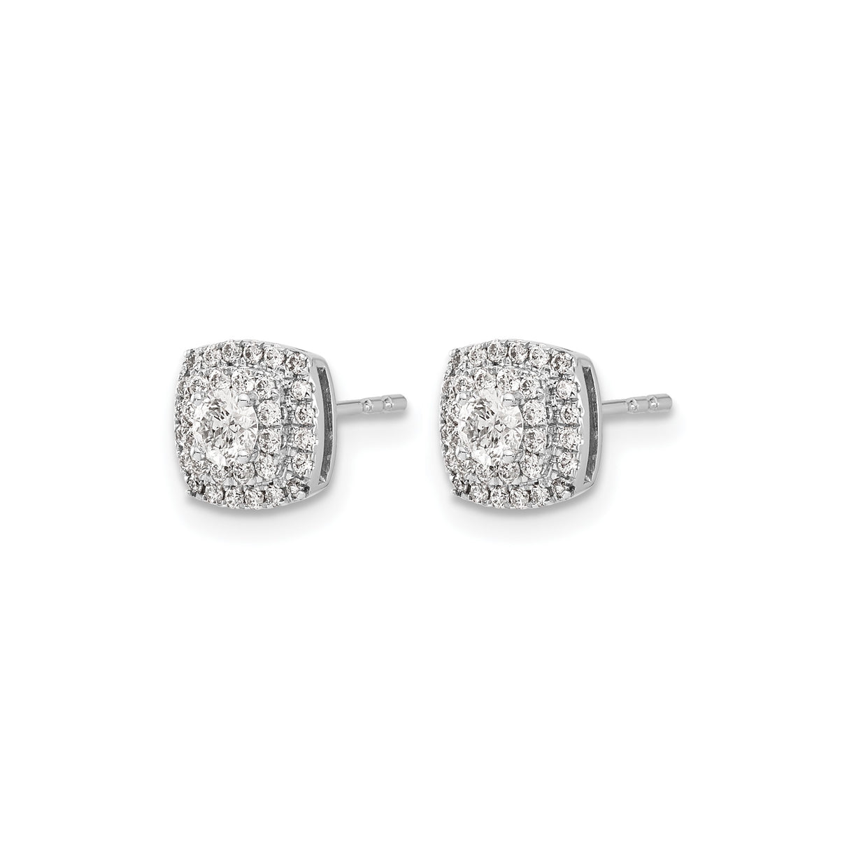 14k White Gold Cushion Halo Stud Earrings with Round Cut Diamond Center and Double Pavé Halo