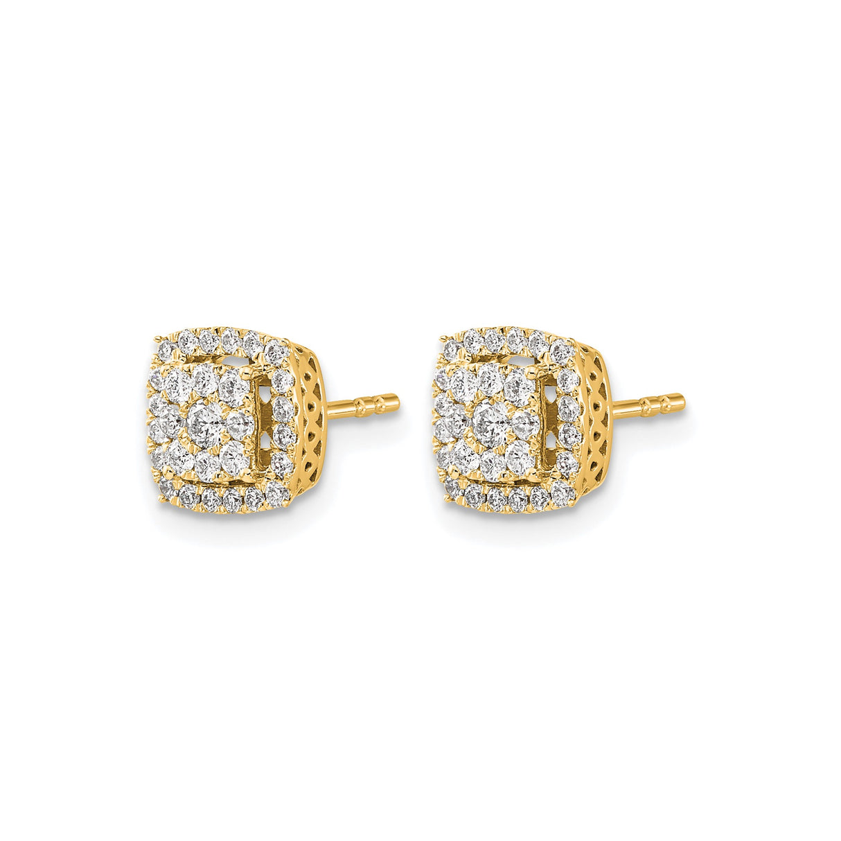 14k Yellow Gold Cushion Cut Diamond Stud Earrings with Double Halo Floral Design