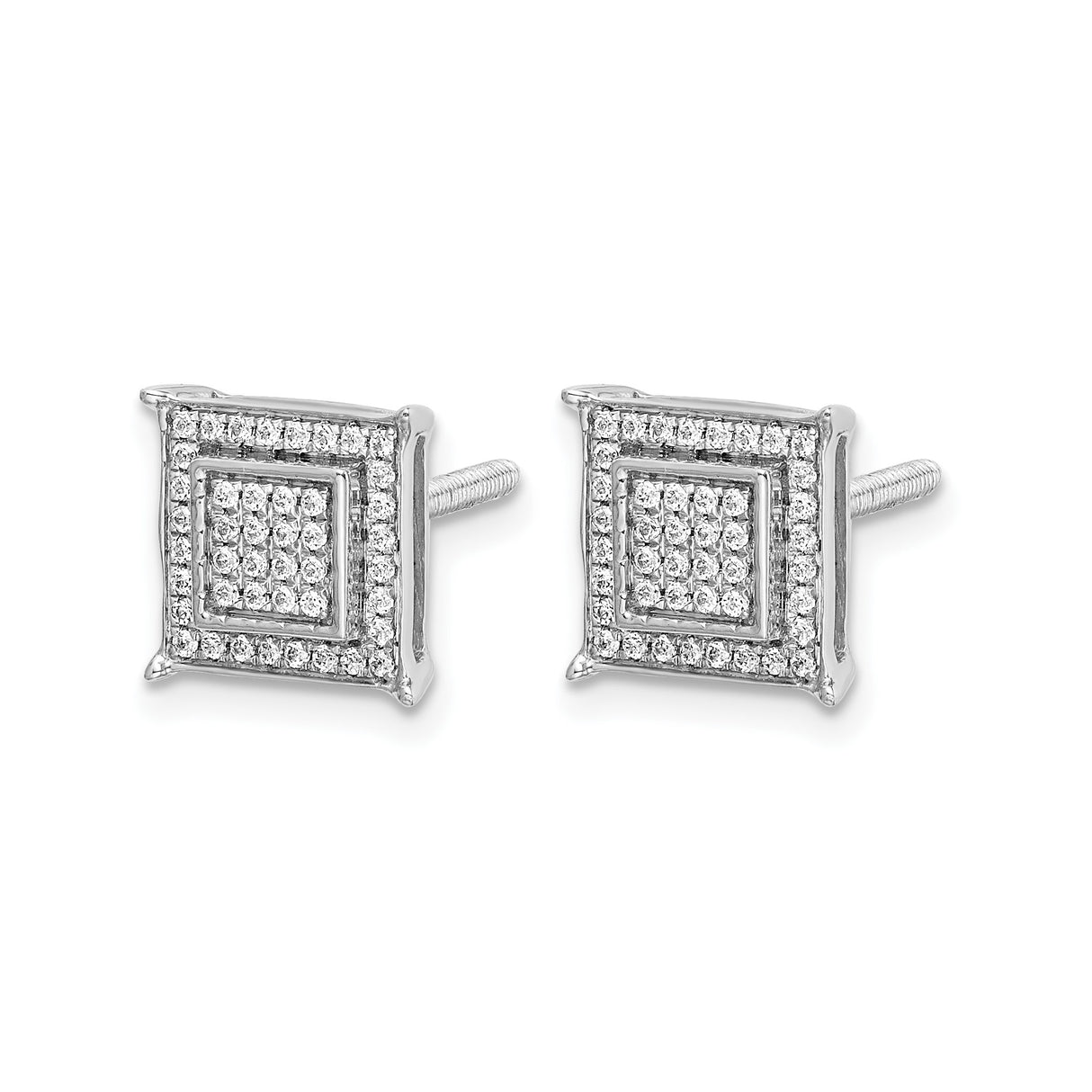 10k White Gold Square Stud Earrings with Round-Cut Diamonds, Double Frame Design for Men