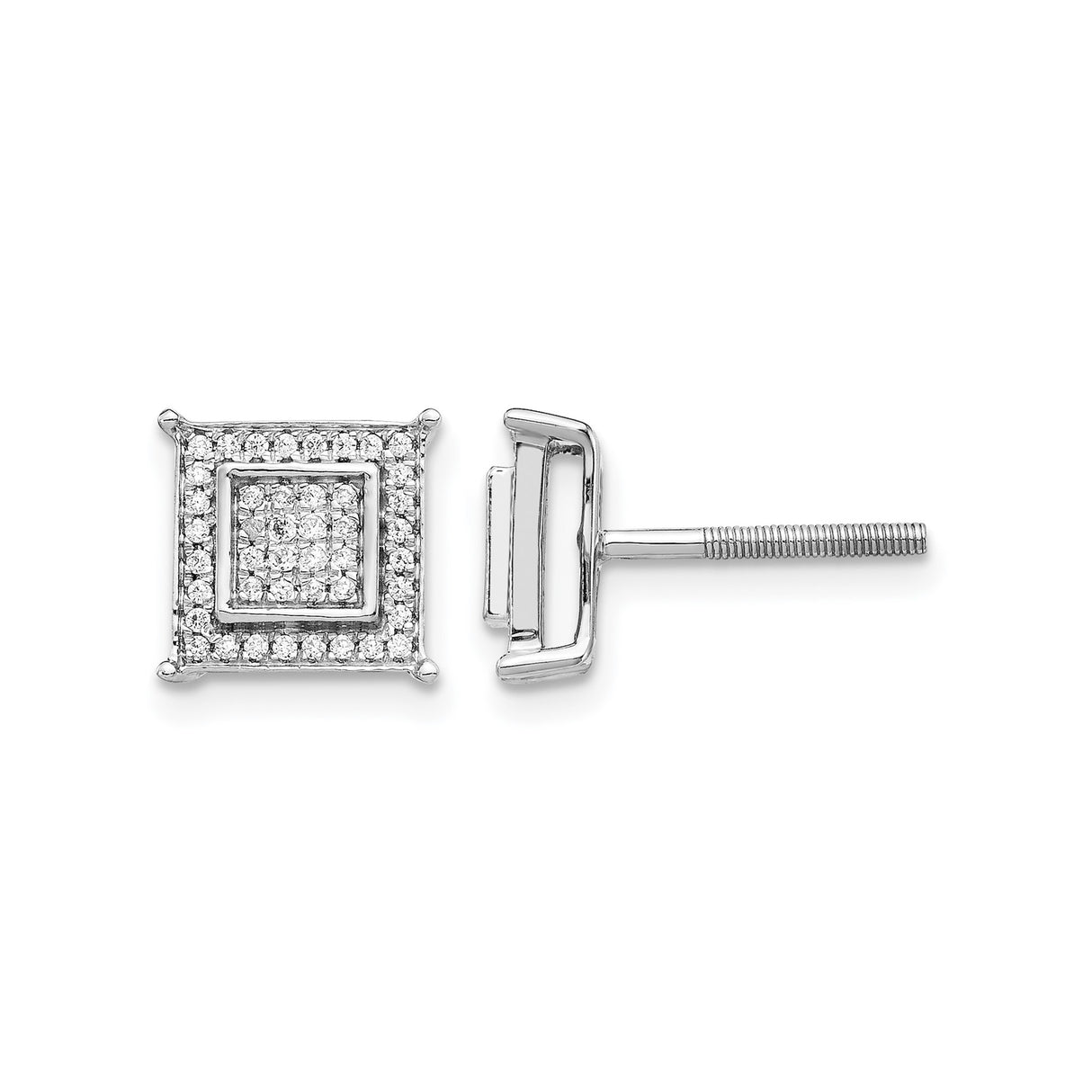 10k White Gold Square Stud Earrings with Round-Cut Diamonds, Double Frame Design for Men
