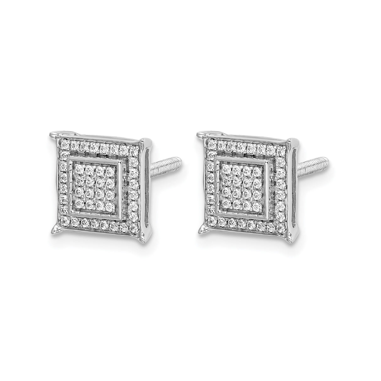 14k White Gold Square Stud Earrings with Diamond Double Halo, Modern Geometric Design for Men