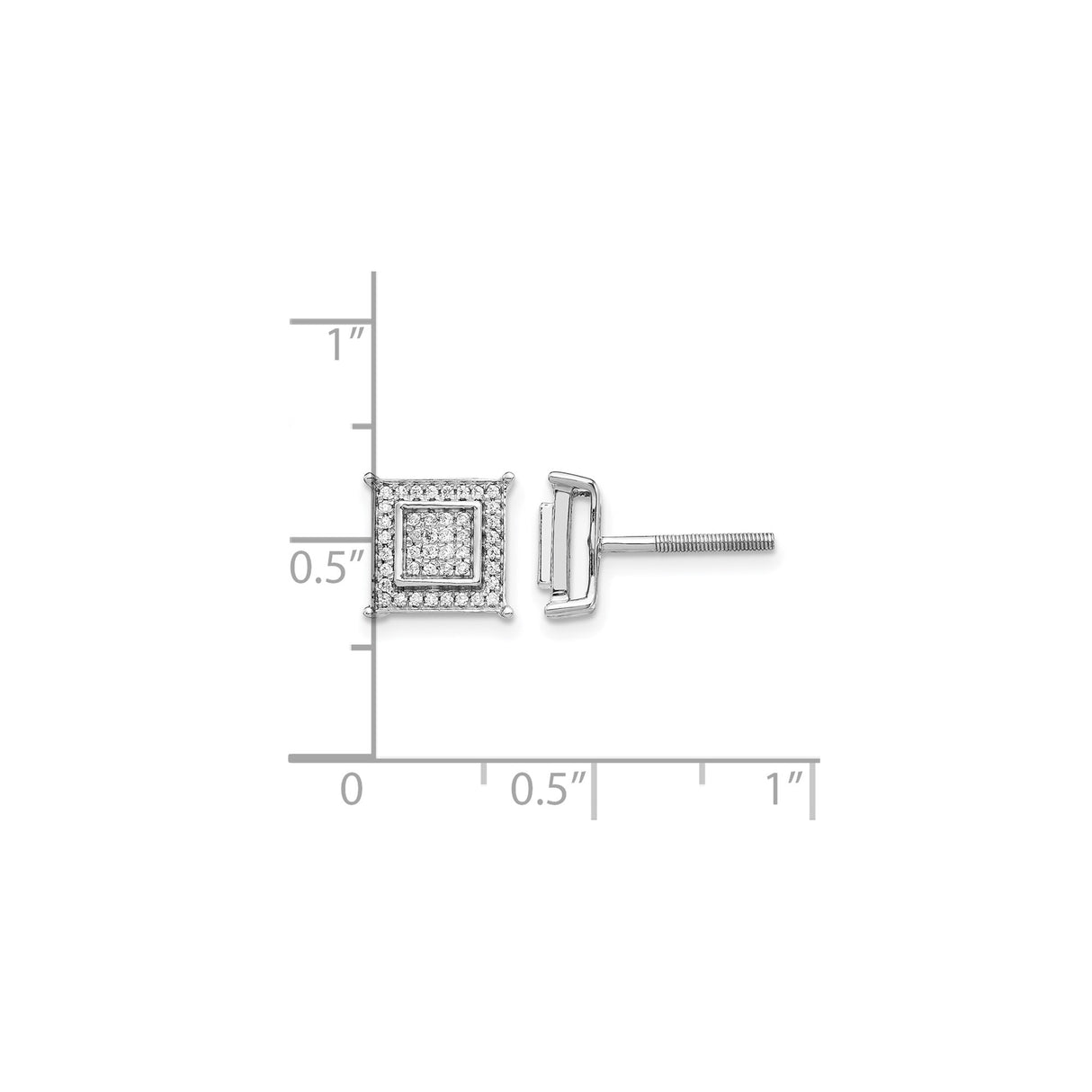 14k White Gold Square Stud Earrings with Diamond Double Halo, Modern Geometric Design for Men