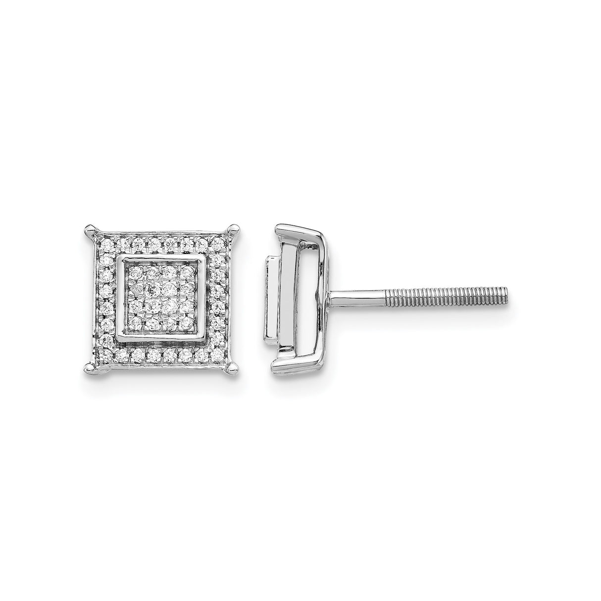 14k White Gold Square Stud Earrings with Diamond Double Halo, Modern Geometric Design for Men