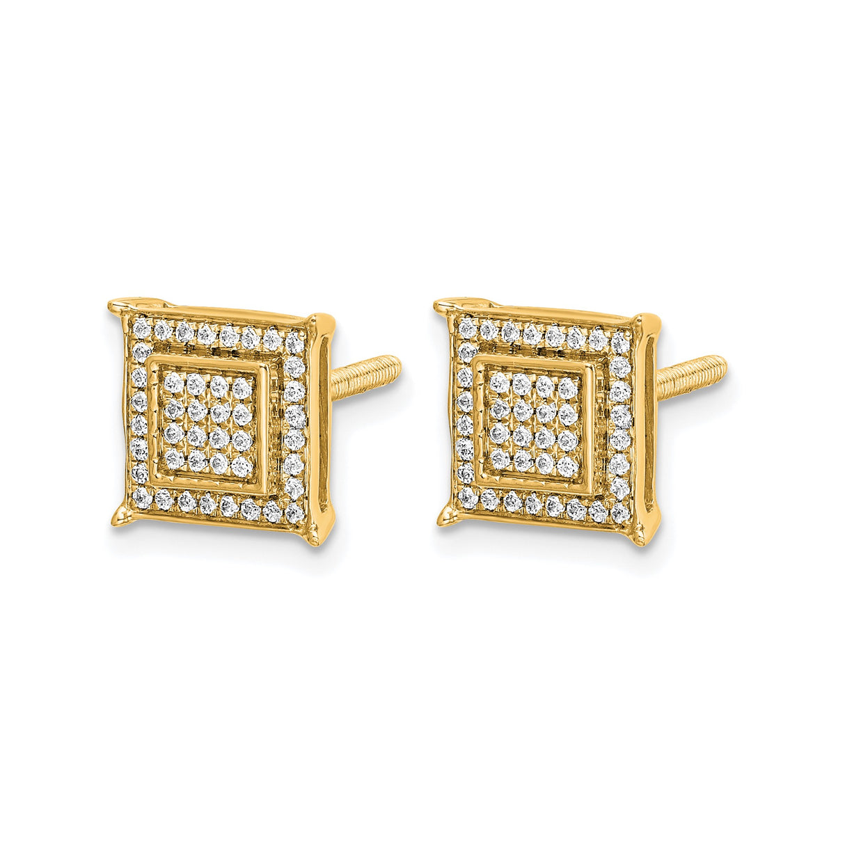 14k Yellow Gold Square Stud Earrings with Round White Diamonds, Pave Setting, Geometric Hip Hop Style