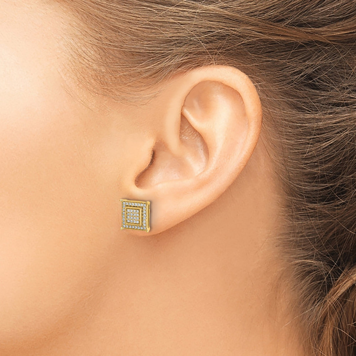 14k Yellow Gold Square Stud Earrings with Round White Diamonds, Pave Setting, Geometric Hip Hop Style