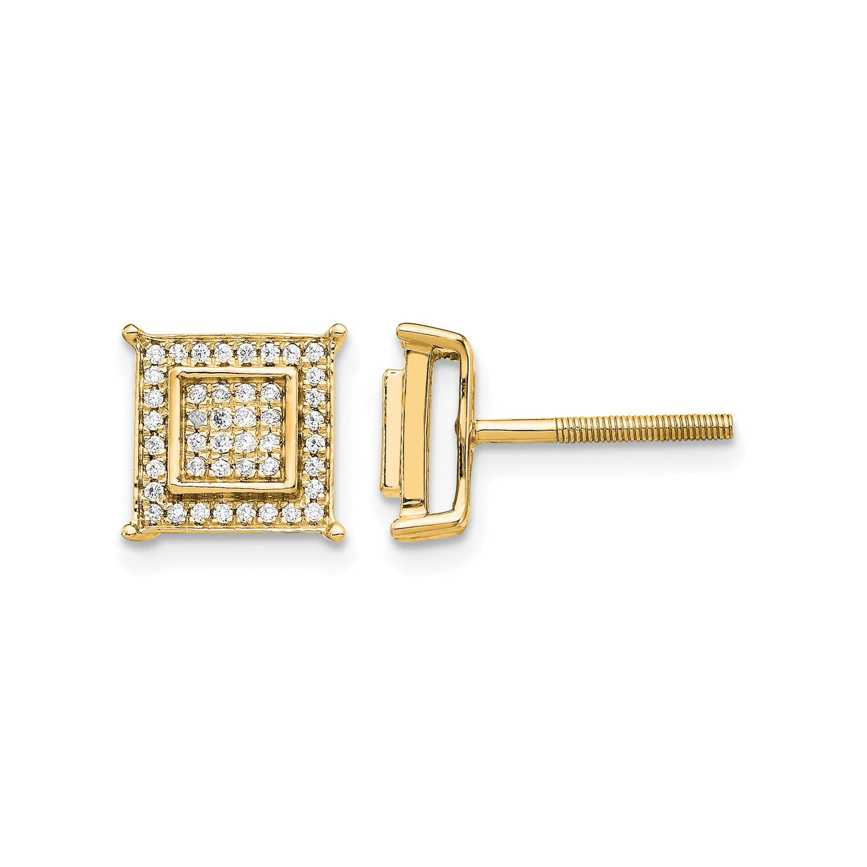 14k Yellow Gold Square Stud Earrings with Round White Diamonds, Pave Setting, Geometric Hip Hop Style