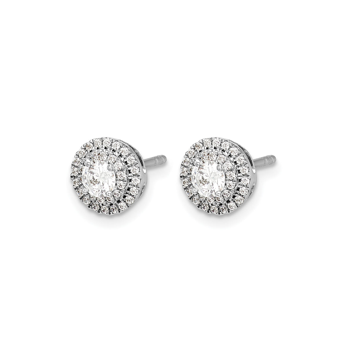 14k White Gold Stud Earrings with Diamond Center and Double Halo Design