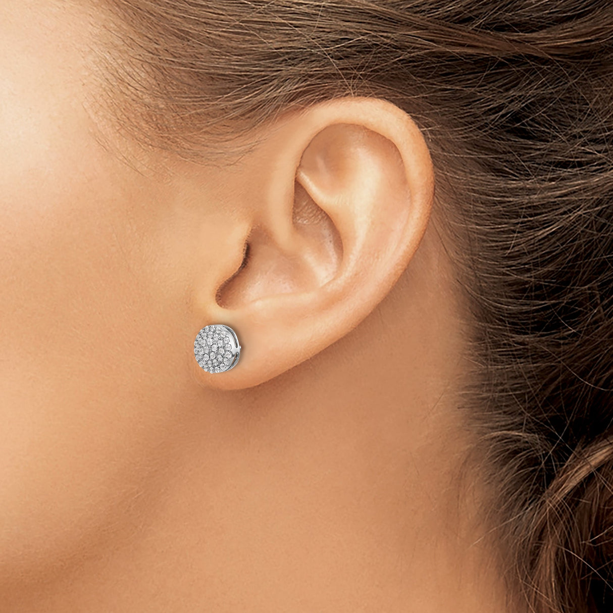 14k White Gold Stud Earrings with Diamond Cluster Design and Pave Cubic Zirconia