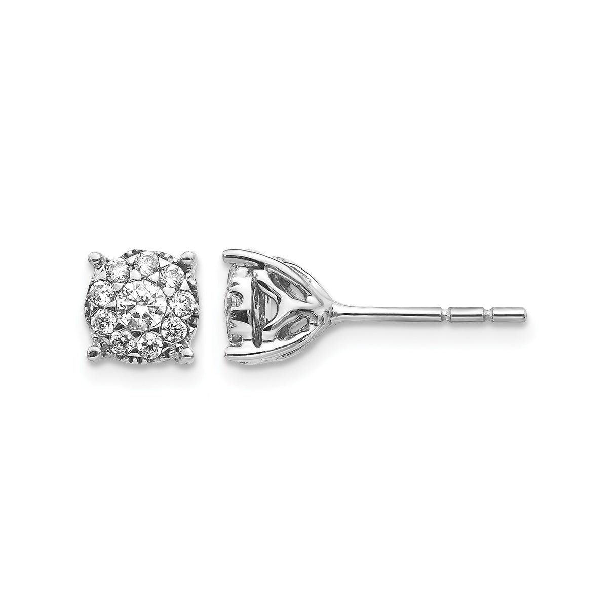 14k White Gold Diamond Cluster Stud Earrings, Floral Round Design for Women