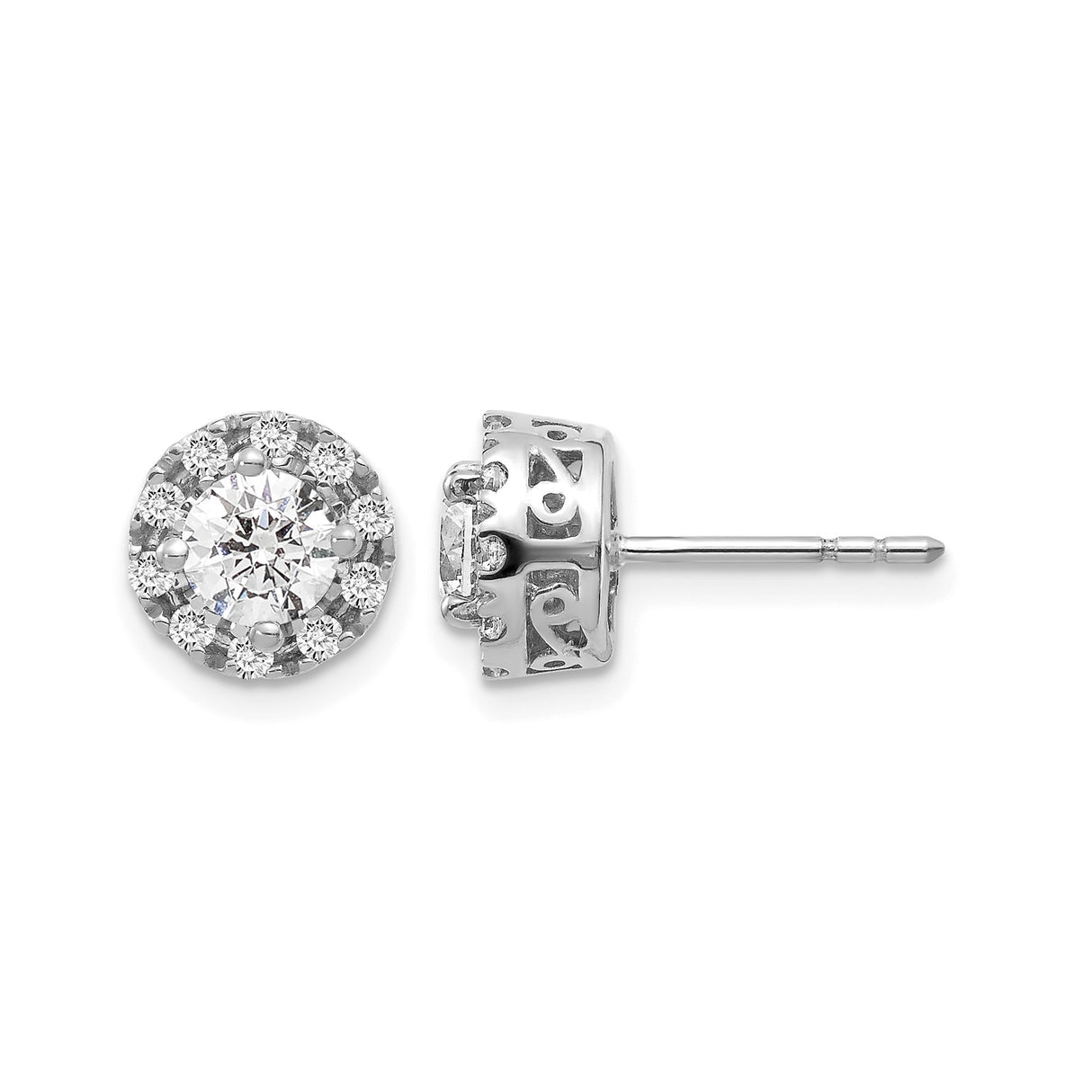 14k White Gold Stud Earrings with Diamond Accents and Halo Openwork Design