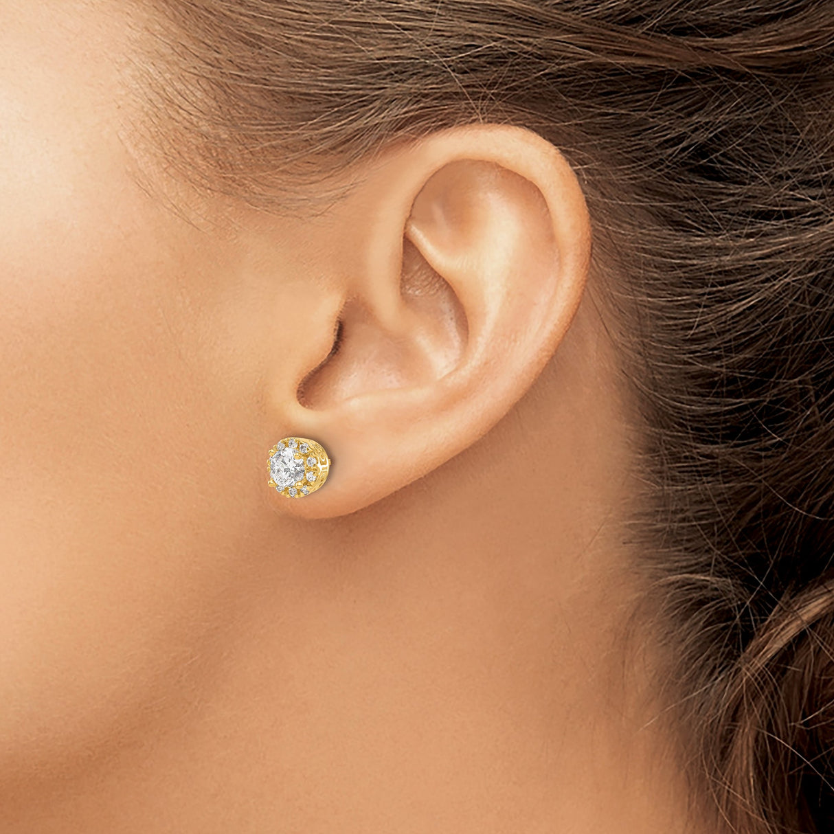14k Yellow Gold Stud Earrings with Diamond Halo, Vintage Filigree Design for Women