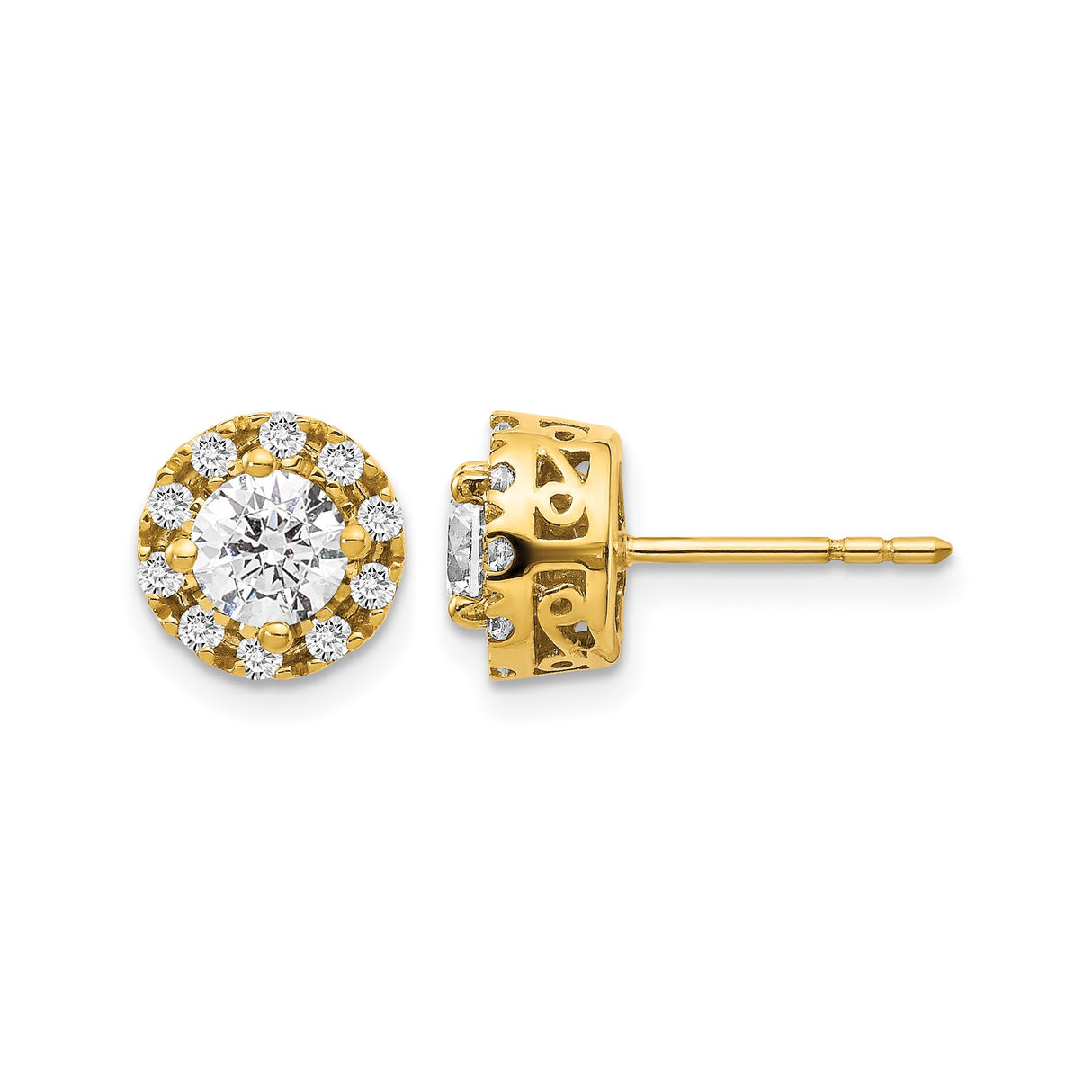 14k Yellow Gold Stud Earrings with Diamond Halo, Vintage Filigree Design for Women