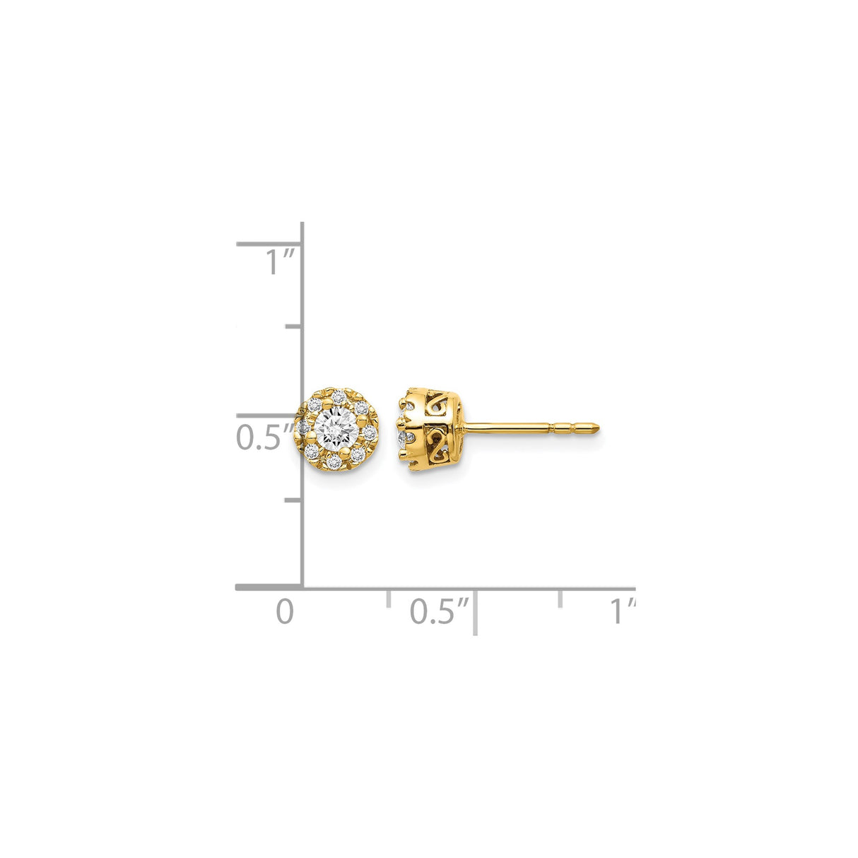 14k Yellow Gold Stud Earrings with Round Diamond, Floral Halo and Filigree Crown Design