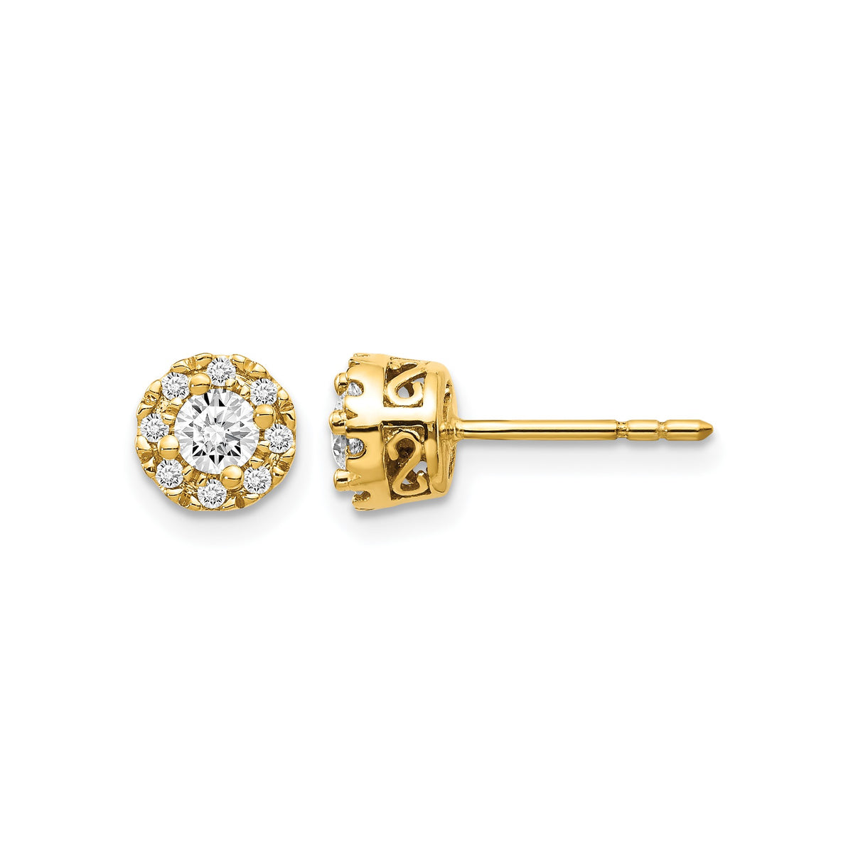 14k Yellow Gold Stud Earrings with Round Diamond, Floral Halo and Filigree Crown Design