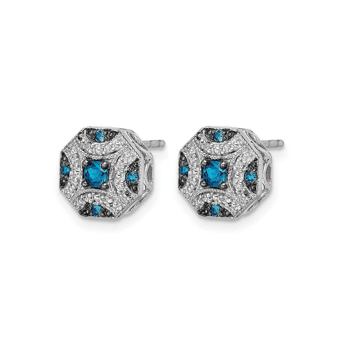14k White Gold Stud Earrings with Blue and White Diamonds, Vintage Octagon Celtic Knot Design