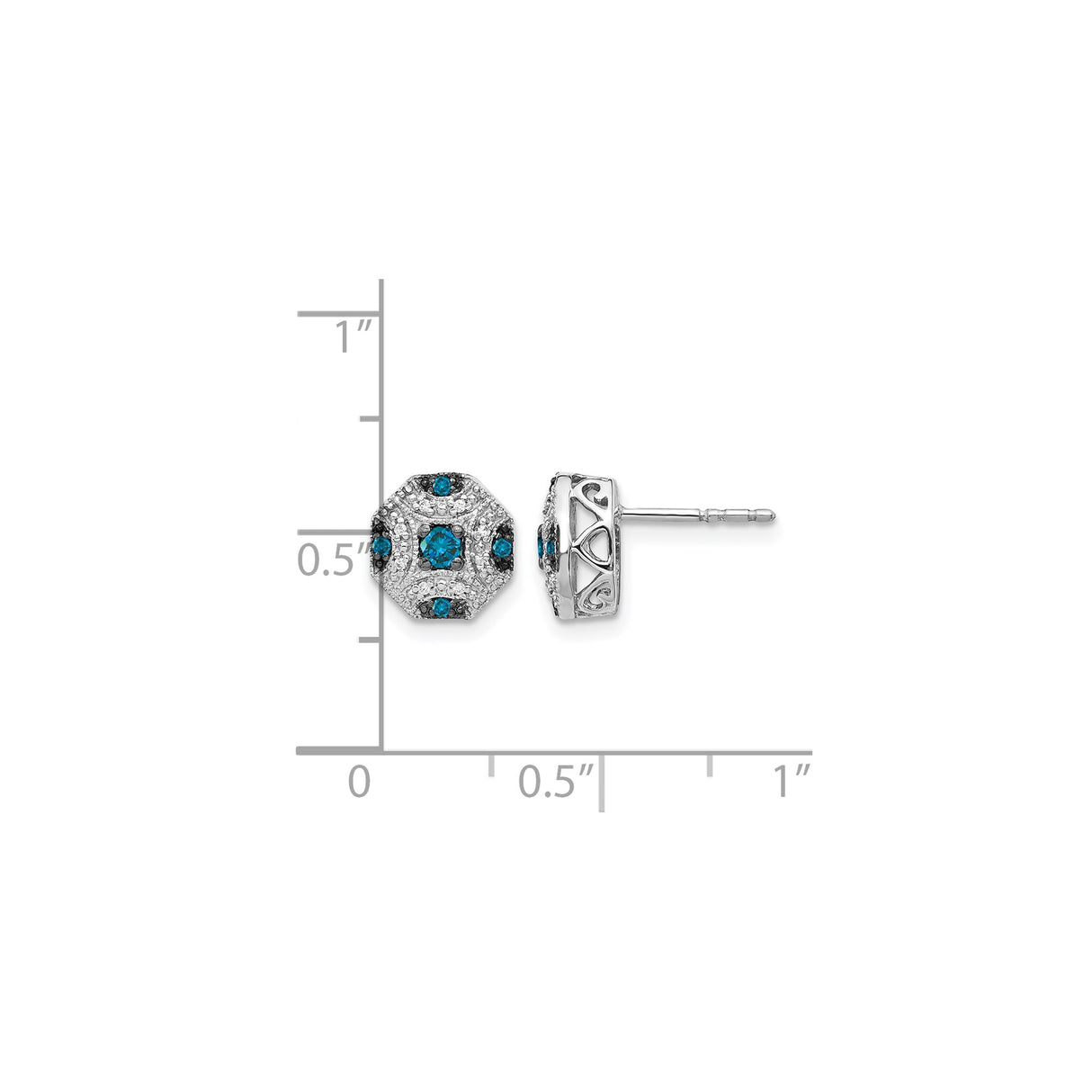 14k White Gold Stud Earrings with Blue and White Diamonds, Vintage Octagon Celtic Knot Design