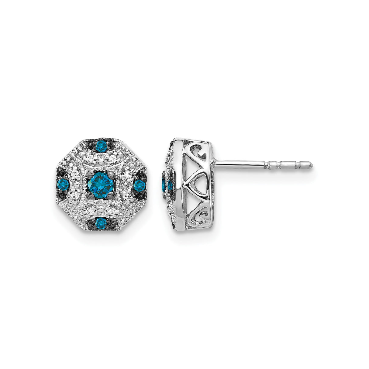 14k White Gold Stud Earrings with Blue and White Diamonds, Vintage Octagon Celtic Knot Design