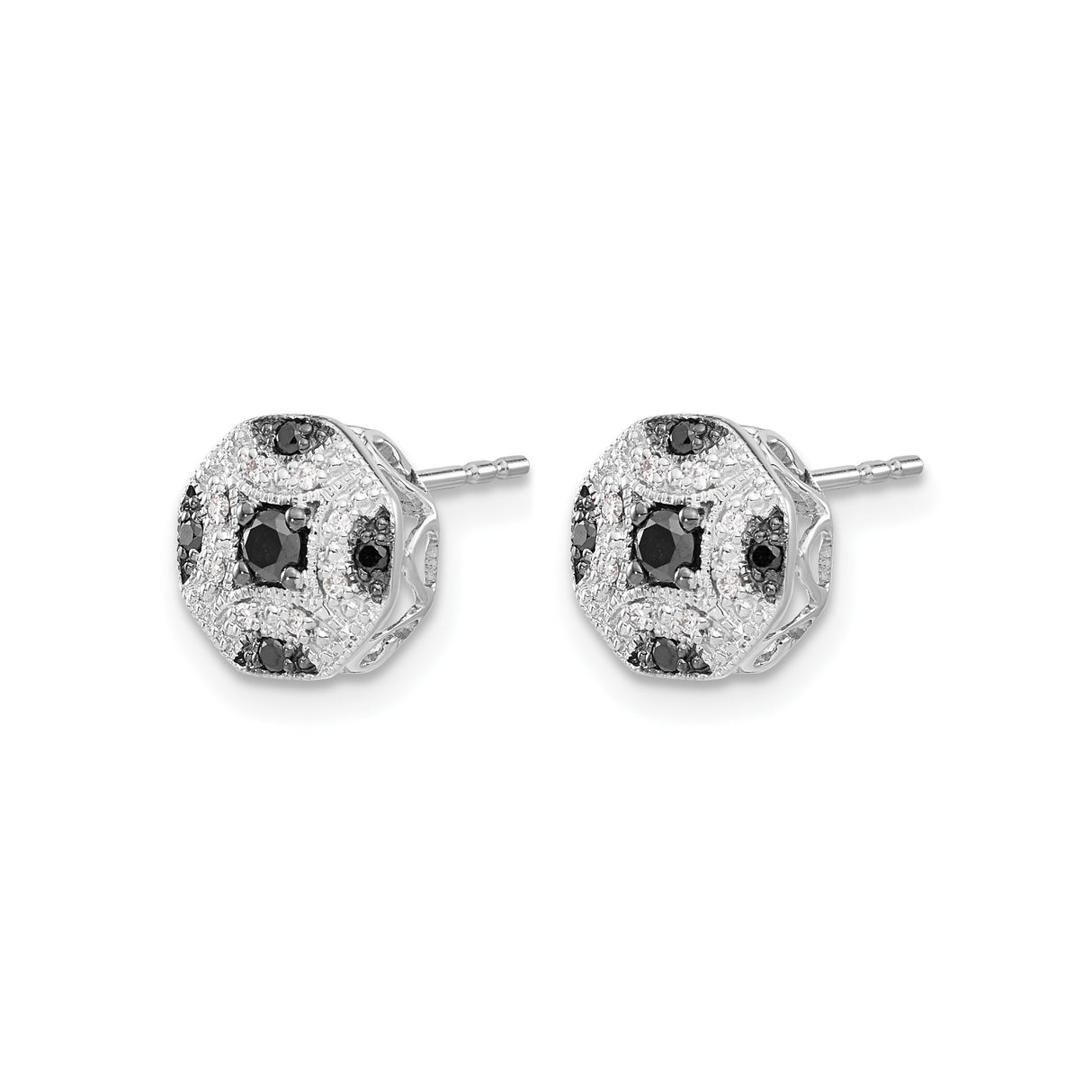 14k White Gold Stud Earrings with Black Diamond and Diamond, Octagonal Vintage Filigree Design