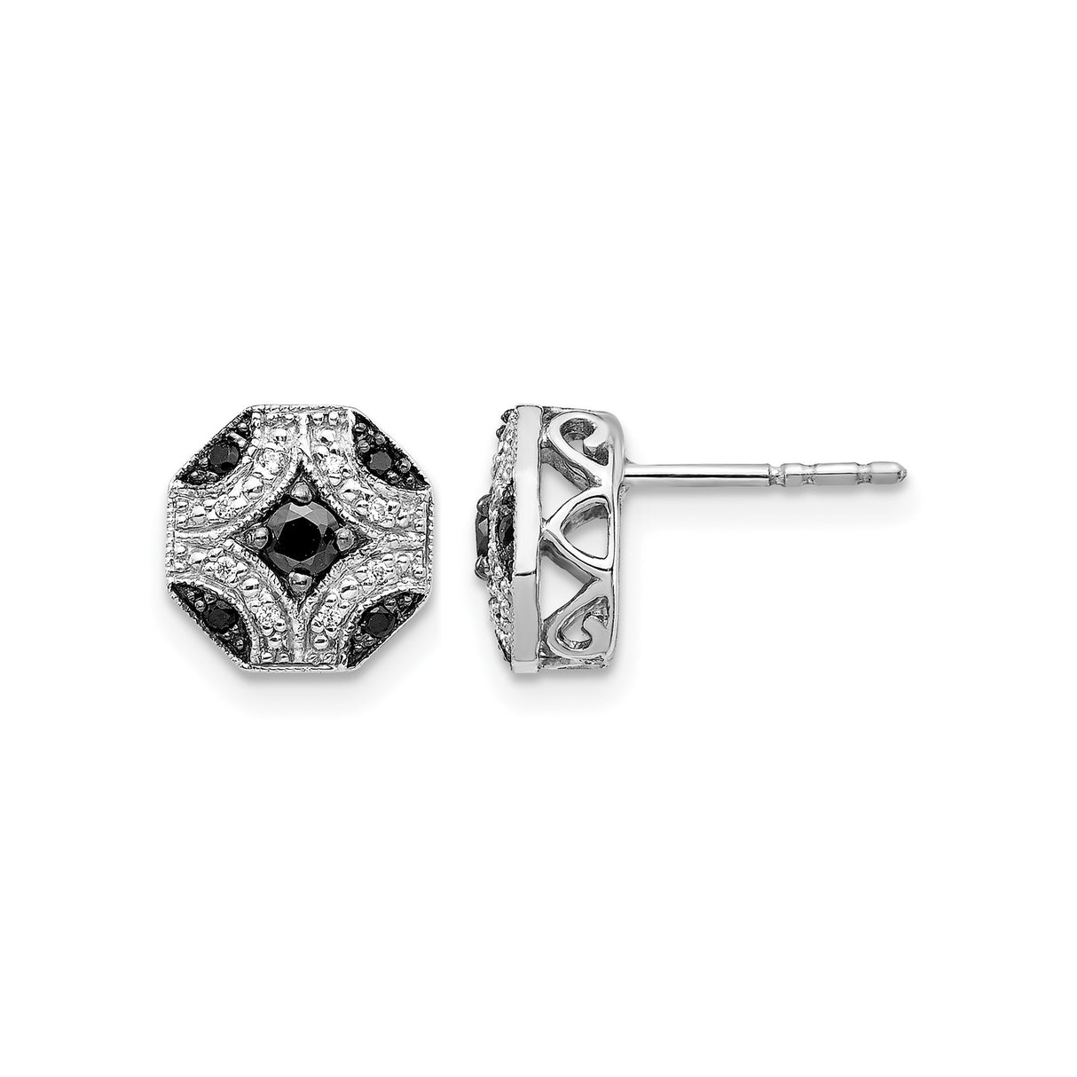 14k White Gold Stud Earrings with Black Diamond and Diamond, Octagonal Vintage Filigree Design