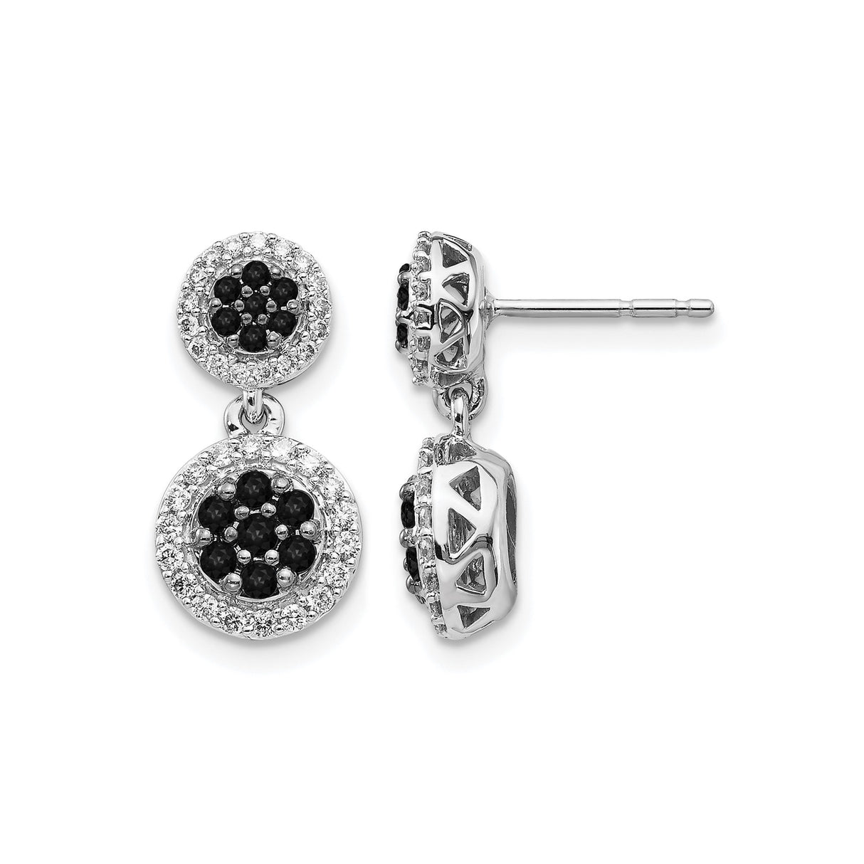 14k White Gold Drop Earrings with Black and White Diamonds, Double Halo Floral Design
